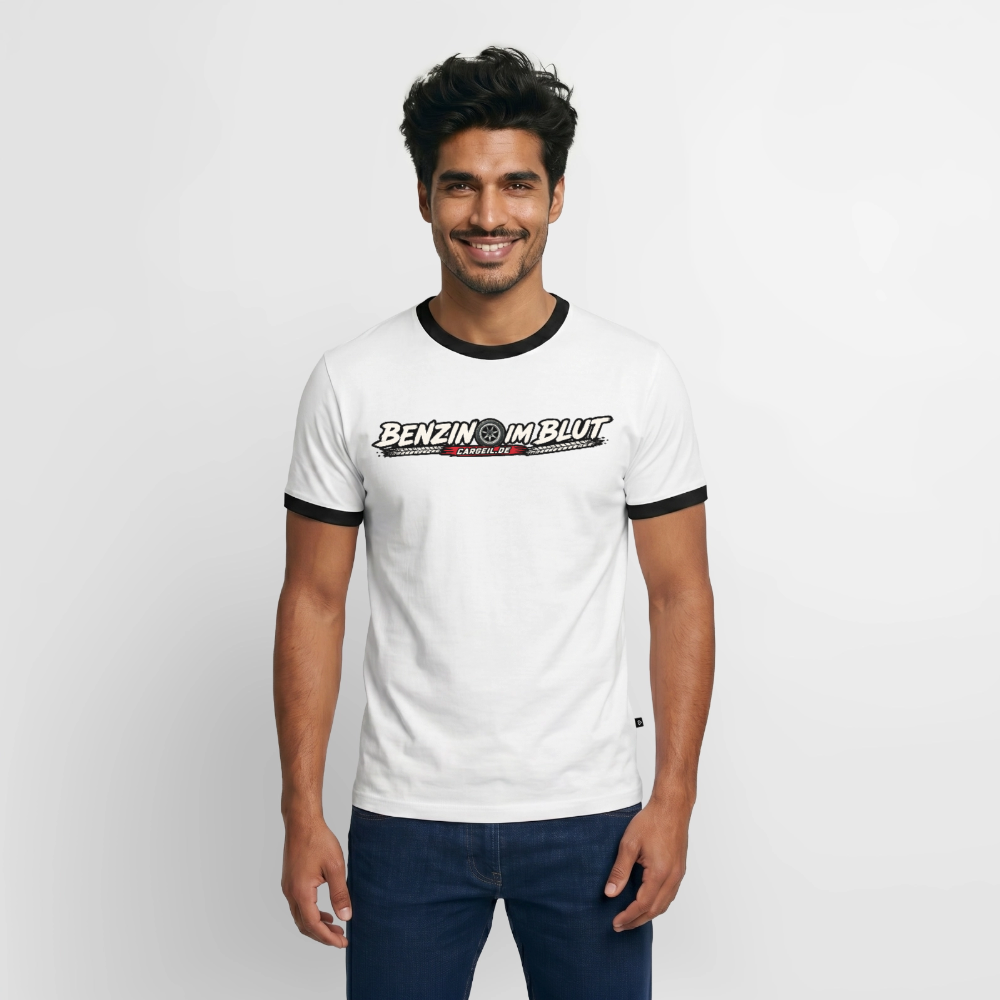 Männer Kontrast-T-Shirt "Benzin im Blut" - Weiß/Schwarz
